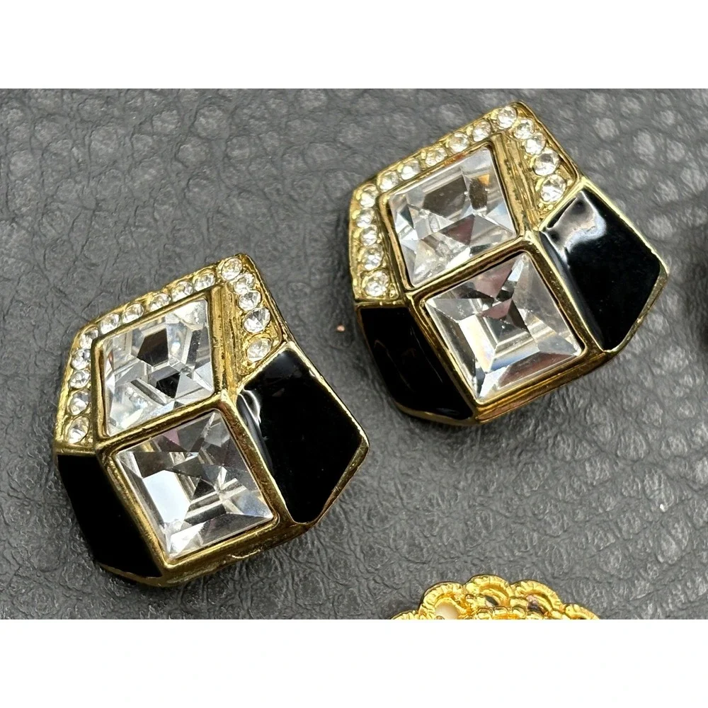 Vintage Park Lane Lot 3 Pairs Clip-On Earrings Black Enamel Pearl Rhinestone